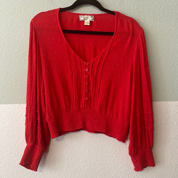 Band of Gypsies Tops - Band of Gypsies (BOG Collective) Red Smocked Hem Button Front Crop Top